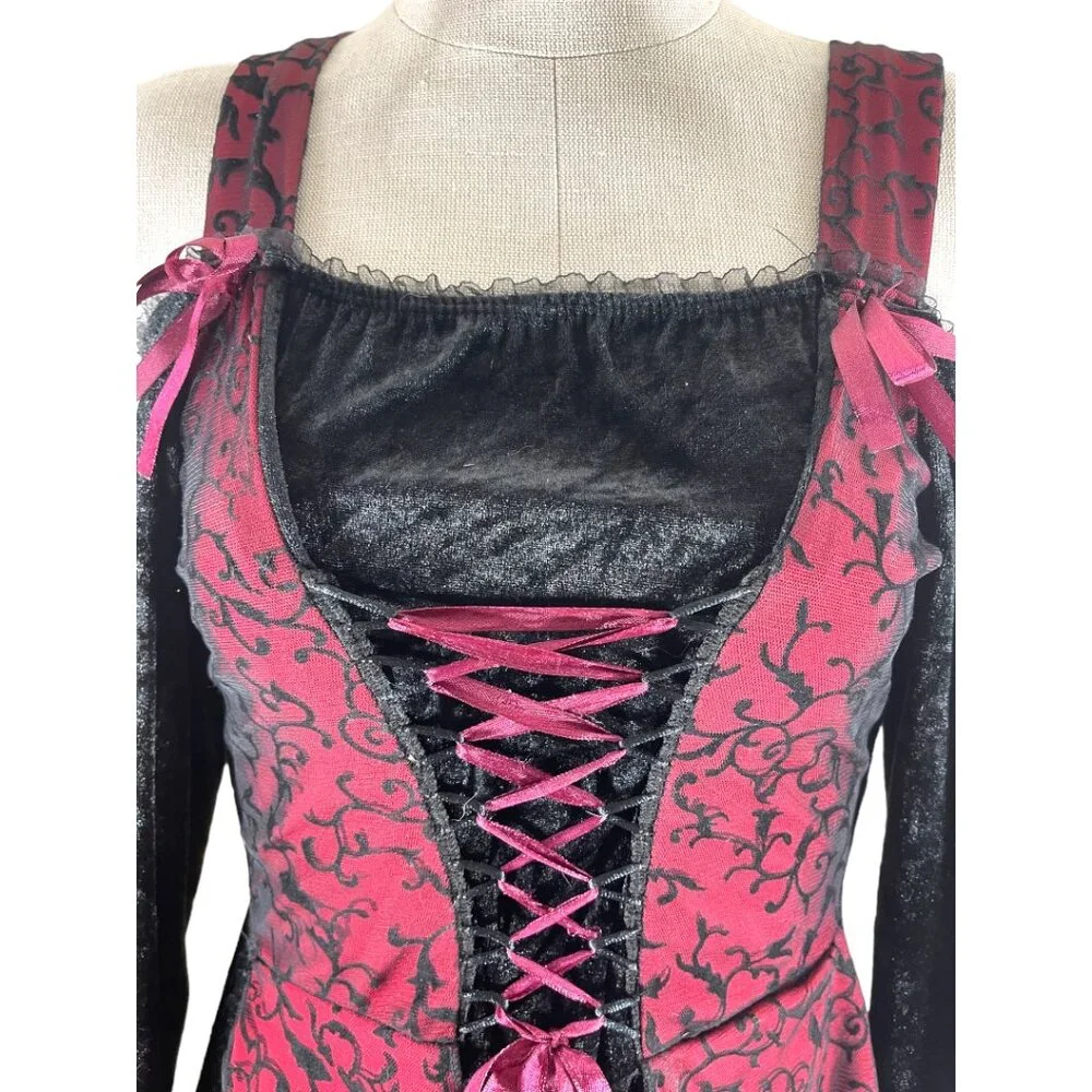 California Costume Black Velvet Burgundy w/ Mesh Elvira Sleeves Gothic Costume